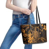 Hawaii King Kamehameha Day Leather Tote Bag Polynesian Pattern Mix Hibiscus Gold