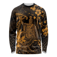 Hawaii King Kamehameha Day Long Sleeve Shirt Polynesian Pattern Mix Hibiscus Gold