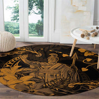 Hawaii King Kamehameha Day Round Carpet Polynesian Pattern Mix Hibiscus Gold
