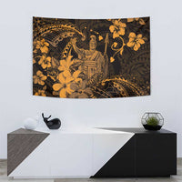 Hawaii King Kamehameha Day Tapestry Polynesian Pattern Mix Hibiscus Gold