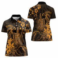 Hawaii King Kamehameha Day Women Polo Shirt Polynesian Pattern Mix Hibiscus Gold LT05 - Polynesian Pride