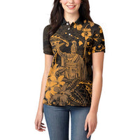 Hawaii King Kamehameha Day Women Polo Shirt Polynesian Pattern Mix Hibiscus Gold LT05 - Polynesian Pride