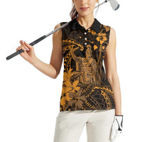 Hawaii King Kamehameha Day Women Sleeveless Polo Shirt Polynesian Pattern Mix Hibiscus Gold