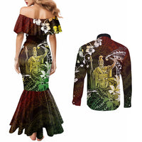 Hawaii King Kamehameha Day Couples Matching Mermaid Dress and Long Sleeve Button Shirt Polynesian Pattern Mix Hibiscus Reggae