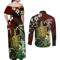Hawaii King Kamehameha Day Couples Matching Off Shoulder Maxi Dress and Long Sleeve Button Shirt Polynesian Pattern Mix Hibiscus Reggae