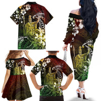 Hawaii King Kamehameha Day Family Matching Off The Shoulder Long Sleeve Dress and Hawaiian Shirt Polynesian Pattern Mix Hibiscus Reggae
