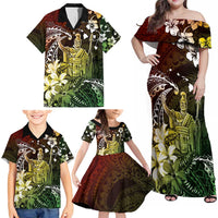 Hawaii King Kamehameha Day Family Matching Off Shoulder Maxi Dress and Hawaiian Shirt Polynesian Pattern Mix Hibiscus Reggae