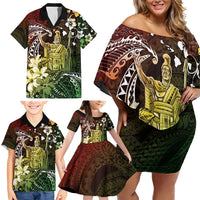 Hawaii King Kamehameha Day Family Matching Off Shoulder Short Dress and Hawaiian Shirt Polynesian Pattern Mix Hibiscus Reggae