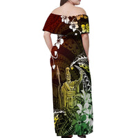 Hawaii King Kamehameha Day Off Shoulder Maxi Dress Polynesian Pattern Mix Hibiscus Reggae