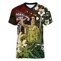 Hawaii King Kamehameha Day Women V-Neck T-Shirt Polynesian Pattern Mix Hibiscus Reggae LT05 Female Reggae - Polynesian Pride