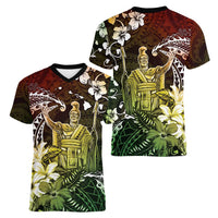 Hawaii King Kamehameha Day Women V-Neck T-Shirt Polynesian Pattern Mix Hibiscus Reggae LT05 - Polynesian Pride