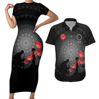 Cook Islands ANZAC Day Couples Matching Short Sleeve Bodycon Dress and Hawaiian Shirt Soldier Silhouette Remembrance