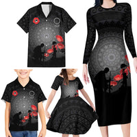 Cook Islands ANZAC Day Family Matching Long Sleeve Bodycon Dress and Hawaiian Shirt Soldier Silhouette Remembrance LT05 - Polynesian Pride