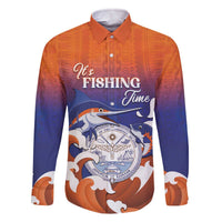 Marshall Islands Fishermen's Day Family Matching Off The Shoulder Long Sleeve Dress and Hawaiian Shirt It's Fishing Time LT05 Dad's Shirt - Long Sleeve Orange - Polynesian Pride