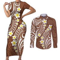 Plumeria With Brown Polynesian Tattoo Pattern Couples Matching Short Sleeve Bodycon Dress and Long Sleeve Button Shirt