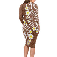 Plumeria With Brown Polynesian Tattoo Pattern Long Sleeve Bodycon Dress
