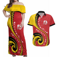 Papua New Guinea Independence Couples Matching Off Shoulder Maxi Dress and Hawaiian Shirt Special Style Red Version LT05 Red - Polynesian Pride
