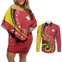 Papua New Guinea Independence Couples Matching Off Shoulder Short Dress and Long Sleeve Button Shirt Special Style Red Version LT05 Red - Polynesian Pride