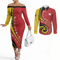 Papua New Guinea Independence Couples Matching Off The Shoulder Long Sleeve Dress and Long Sleeve Button Shirt Special Style Red Version LT05 Red - Polynesian Pride