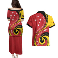 Papua New Guinea Independence Couples Matching Puletasi and Hawaiian Shirt Special Style Red Version LT05 - Polynesian Pride