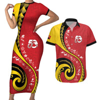 Papua New Guinea Independence Couples Matching Short Sleeve Bodycon Dress and Hawaiian Shirt Special Style Red Version LT05 Red - Polynesian Pride