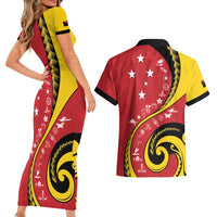 Papua New Guinea Independence Couples Matching Short Sleeve Bodycon Dress and Hawaiian Shirt Special Style Red Version LT05 - Polynesian Pride