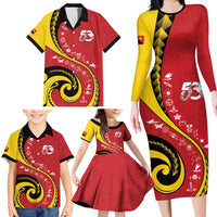 Papua New Guinea 50th Independence Anniversary Family Matching Long Sleeve Bodycon Dress and Hawaiian Shirt Special Style Red Version - Polynesian Pride