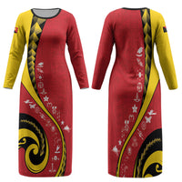 Papua New Guinea Independence Family Matching Long Sleeve Bodycon Dress and Hawaiian Shirt Special Style Red Version LT05 Mom's Dress Red - Polynesian Pride