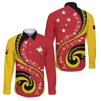Papua New Guinea Independence Family Matching Off The Shoulder Long Sleeve Dress and Hawaiian Shirt Special Style Red Version LT05 Dad's Shirt - Long Sleeve Red - Polynesian Pride