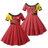 Papua New Guinea Independence Family Matching Off The Shoulder Long Sleeve Dress and Hawaiian Shirt Special Style Red Version LT05 Daughter's Dress Red - Polynesian Pride