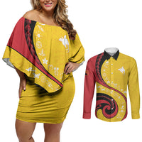 Papua New Guinea Independence Couples Matching Off Shoulder Short Dress and Long Sleeve Button Shirt Special Style Yellow Version LT05 Yellow - Polynesian Pride