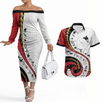 Papua New Guinea Independence Couples Matching Off The Shoulder Long Sleeve Dress and Hawaiian Shirt Special Style White Version LT05 White - Polynesian Pride
