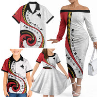 Papua New Guinea Independence Family Matching Off The Shoulder Long Sleeve Dress and Hawaiian Shirt Special Style White Version LT05 - Polynesian Pride