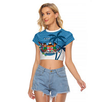 Personalized Fiji Raglan Cropped T Shirt Coat Of Arms Tagimoucia With Fijian Tapa Pattern LT05 Female Blue - Polynesian Pride