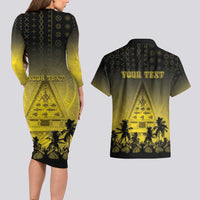 Personalised Palau Independence Day Couples Matching Long Sleeve Bodycon Dress and Hawaiian Shirt Palauan Tattoo Pattern - Polynesian Pride