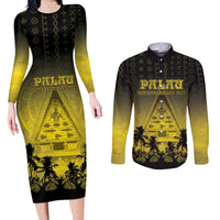 Personalised Palau Independence Day Couples Matching Long Sleeve Bodycon Dress and Long Sleeve Button Shirt Palauan Tattoo Pattern - Polynesian Pride