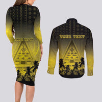 Personalised Palau Independence Day Couples Matching Long Sleeve Bodycon Dress and Long Sleeve Button Shirt Palauan Tattoo Pattern - Polynesian Pride