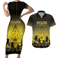 Personalised Palau Independence Day Couples Matching Short Sleeve Bodycon Dress and Hawaiian Shirt Palauan Tattoo Pattern - Polynesian Pride