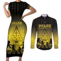 Personalised Palau Independence Day Couples Matching Short Sleeve Bodycon Dress and Long Sleeve Button Shirt Palauan Tattoo Pattern - Polynesian Pride