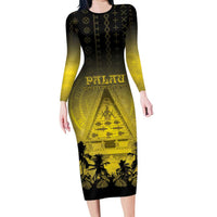 Personalised Palau Independence Day Family Matching Long Sleeve Bodycon Dress and Hawaiian Shirt Palauan Tattoo Pattern - Polynesian Pride