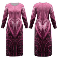 Aotearoa Breast Cancer Couples Matching Long Sleeve Bodycon Dress and Hawaiian Shirt Maori Tribal Pattern