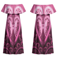 Aotearoa Breast Cancer Couples Matching Off Shoulder Maxi Dress and Long Sleeve Button Shirt Maori Tribal Pattern