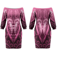 Aotearoa Breast Cancer Family Matching Off The Shoulder Long Sleeve Dress and Hawaiian Shirt Maori Tribal Pattern
