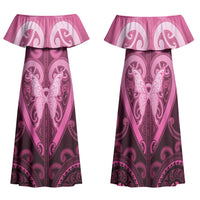 Aotearoa Breast Cancer Family Matching Off Shoulder Maxi Dress and Hawaiian Shirt Maori Tribal Pattern