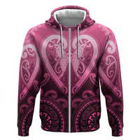 Aotearoa Breast Cancer Zip Hoodie Maori Tribal Pattern