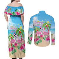 Hawaii Christmas Couples Matching Off Shoulder Maxi Dress and Long Sleeve Button Shirt Deck The Palms Holiday Flamingos