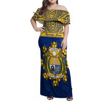Personalised Repubrikin Naoero Independence Day Family Matching Off Shoulder Maxi Dress and Hawaiian Shirt Tamanu With Coat Of Arms LT05 Mom's Dress Yellow - Polynesian Pride