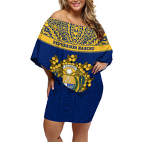 Personalised Repubrikin Naoero Independence Day Family Matching Off Shoulder Short Dress and Hawaiian Shirt Tamanu With Coat Of Arms LT05 Mom's Dress Yellow - Polynesian Pride