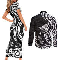 Hawaii Manta Ray Couples Matching Short Sleeve Bodycon Dress and Long Sleeve Button Shirt Polynesian Art Tattoo LT05 - Polynesian Pride