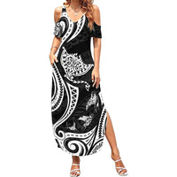 Hawaii Manta Ray Family Matching Summer Maxi Dress and Hawaiian Shirt Polynesian Art Tattoo LT05 Mom's Dress Black - Polynesian Pride